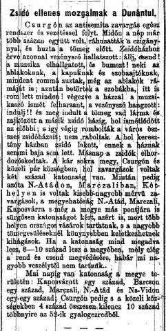 „Zsidó ellenes mozgalmak a Dunántúl.” (Forrás: Somogy, 1883. 09. 04., 1. o.)
